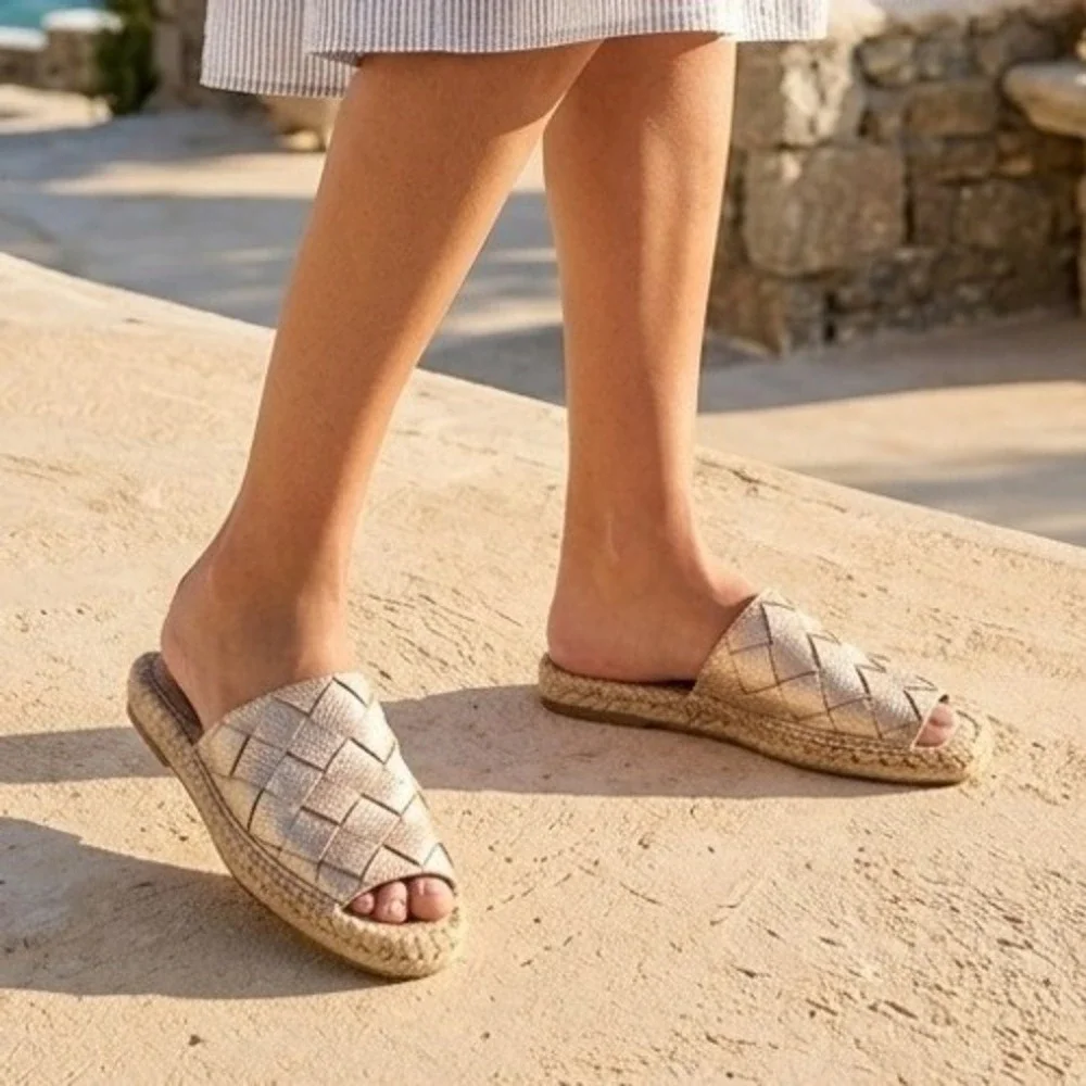 Donald Pliner‎ Metallic Woven Leather Espadrille Slide Sandals Gold Women 7.5